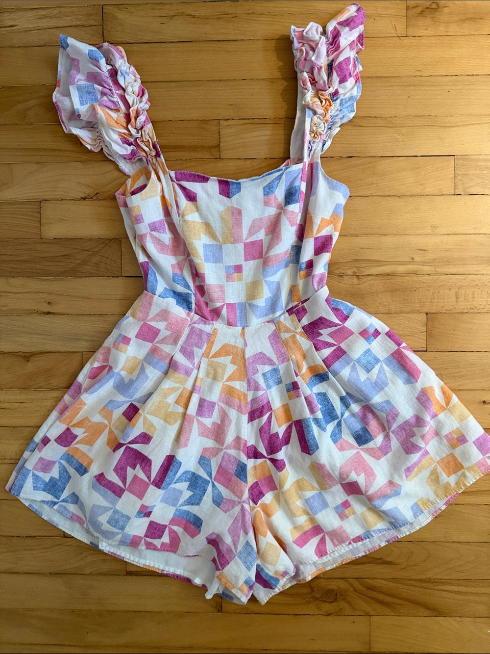 Yumi Kim Multicolor Geometric Romper in Pink, Blue & Yellow